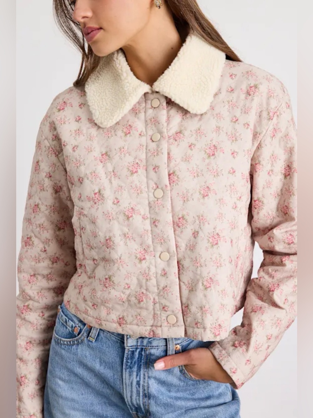 NWT Lulu's Cream Sherpa Collar Pink Floral Quilted Barn Jacket - Large